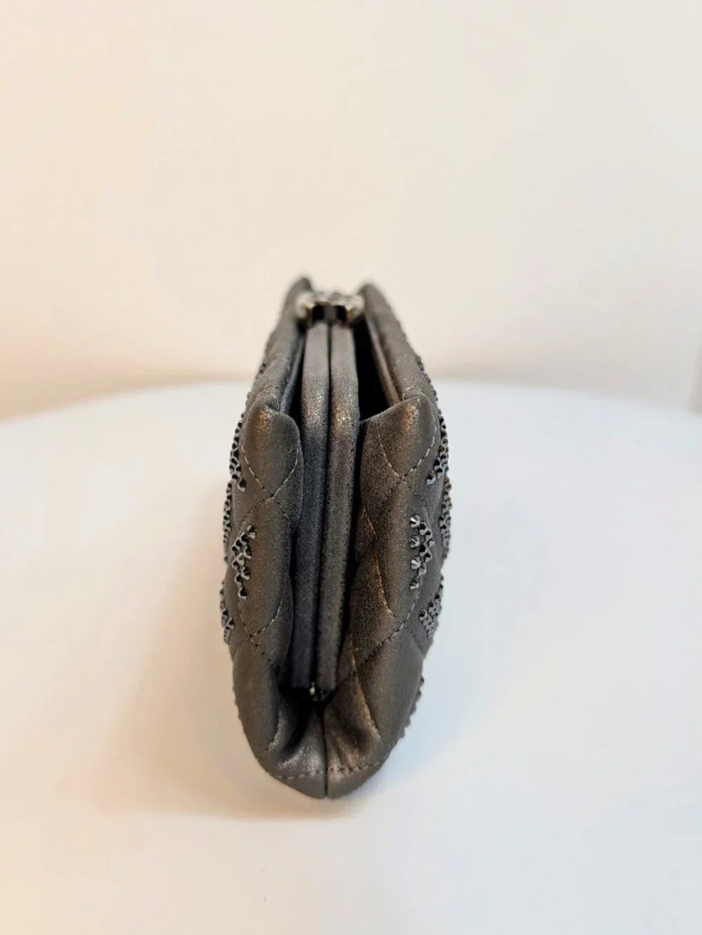 Chanel Timeless Grey Crystal-Studded Suede Diamond-Quilted Clutch